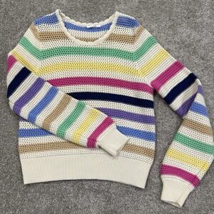 GAP Women's Medium Crochet Knit Sweater Multicolor Rainbow Stripe 100% Cotton